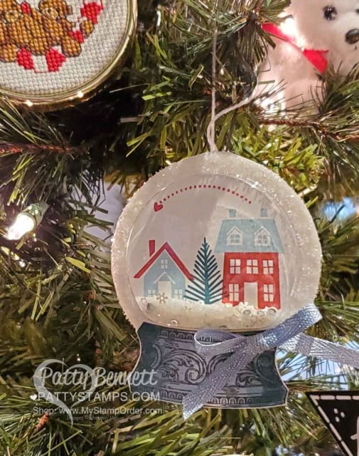 Snow Globe Shaker Dome Christmas Ornament featuring Stampin Up From Our House to Your stamp set, Stampin' Ice Glitter and Snowflake Sequins. www.PattyStamps.com