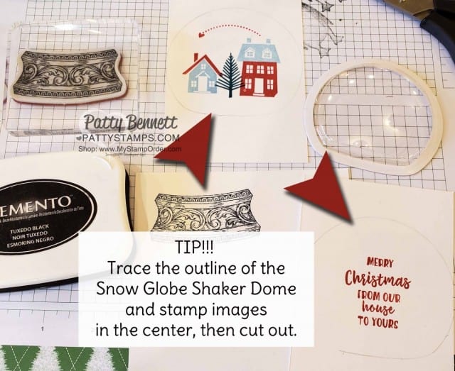 Tip to create: Snow Globe Shaker Dome Christmas Ornament featuring Stampin Up From Our House to Your stamp set, Stampin' Ice Glitter and Snowflake Sequins. www.PattyStamps.com