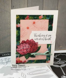 Stampin' UP! Sale-a-Bration 2020 Lily Impressions card idea featuring Lovely Lily Pad stamp set, Lily Pad dies and Lily Impressions designer paper. Free gifts with purchase! www.PattyStamps.com