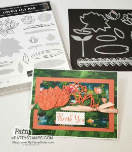 Stampin' UP! Sale-a-Bration 2020 Lily Impressions card idea featuring Lovely Lily Pad stamp set, Lily Pad dies and Lily Impressions designer paper. Free gifts with purchase! www.PattyStamps.com