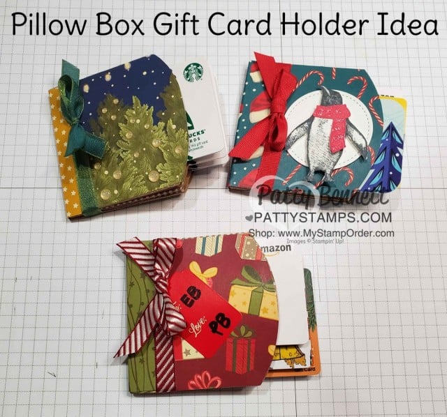 DIY Gift Card Holder made with Stampin' UP! Pillow Boxes and designer paper, by Patty Bennett, www.PattyStamps.com Features Night Before Christmas designer paper, and Penguin Pals stamp set.