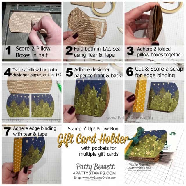 Instructions for DIY Gift Card Holder made with Stampin' UP! Pillow Boxes and designer paper, by Patty Bennett, www.PattyStamps.com Features Night Before Christmas designer paper.