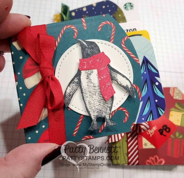 DIY Gift Card Holder made with Stampin' UP! Pillow Boxes and designer paper, by Patty Bennett, www.PattyStamps.com Features Night Before Christmas designer paper, and Penguin Pals stamp set.