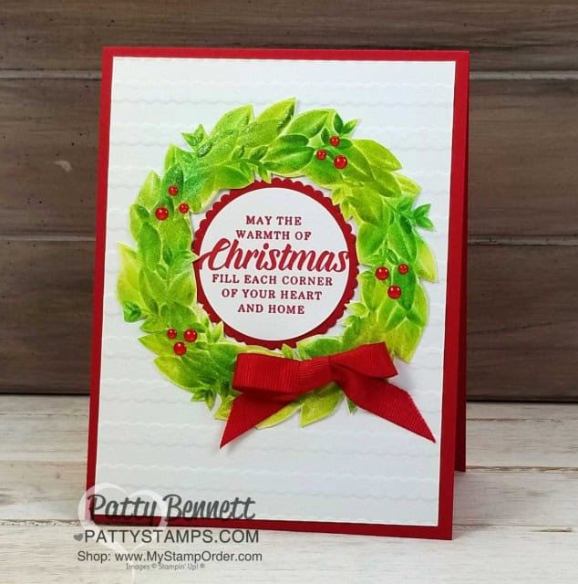 Stampin' UP! Seasonal Wreath embossing folder Christmas Card idea by Patty Bennett www.PattySTamps.com