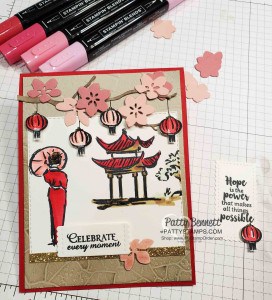 Stampin Up Power Of Hope Sale-a-Bration card idea with cherry blossoms and Japanese lanterns. colored with Stampin Blends by Patty Bennett www.PattyStamps.com