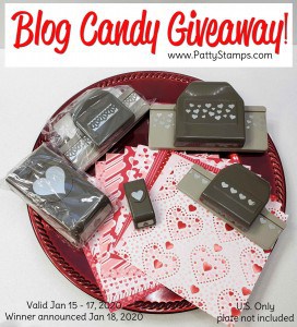 Blog Candy Giveaway Stampin Up heart punches and From my Heart DSP. Giveaway from Patty Bennett www.PattyStamps.com valid Jan 15-17, 2020.