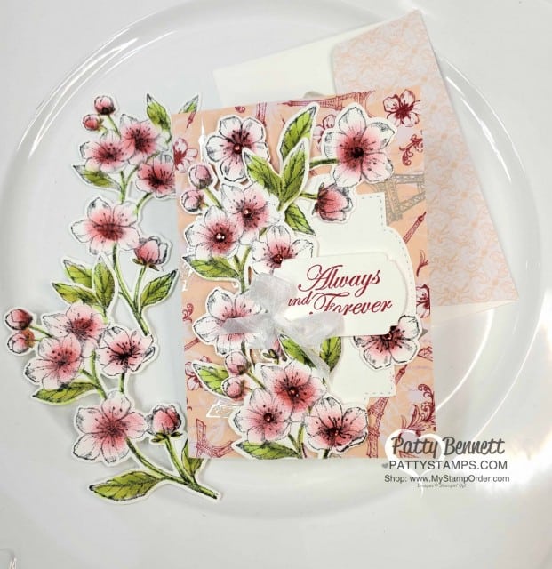 Scalloped Note Cards with Stampin Up Parisian Blossoms suite and Stitched So Sweetly dies. Cherry Blossom flowers colored with Sponge Daubers! cards by Patty Bennett www.pattystamps.com