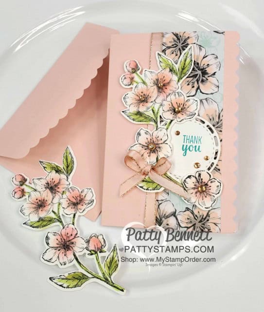 Scalloped Note Cards with Stampin Up Parisian Blossoms suite. Cherry Blossom flowers colored with Sponge Daubers! cards by Patty Bennett www.pattystamps.com