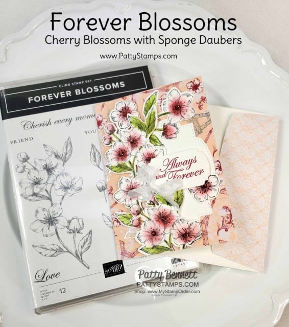 Scalloped Note Cards with Stampin Up Parisian Blossoms suite and Stitched So Sweetly dies. Cherry Blossom flowers colored with Sponge Daubers! cards by Patty Bennett www.pattystamps.com