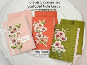 Scalloped Note Cards with Stampin Up Parisian Blossoms suite. Cherry Blossom flowers colored with Sponge Daubers! cards by Patty Bennett www.pattystamps.com