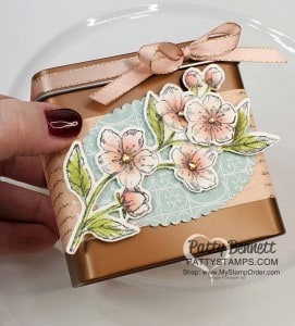 Handmade decorated Copper Tin with Stampin Up Parisian Blossoms suite and Parisian Blossoms designer paper. Cherry Blossom flowers colored with Sponge Daubers! cards by Patty Bennett www.pattystamps.com