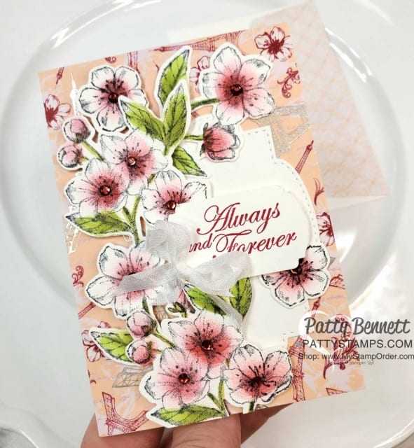 Scalloped Note Cards with Stampin Up Parisian Blossoms suite and Stitched So Sweetly dies. Cherry Blossom flowers colored with Sponge Daubers! cards by Patty Bennett www.pattystamps.com