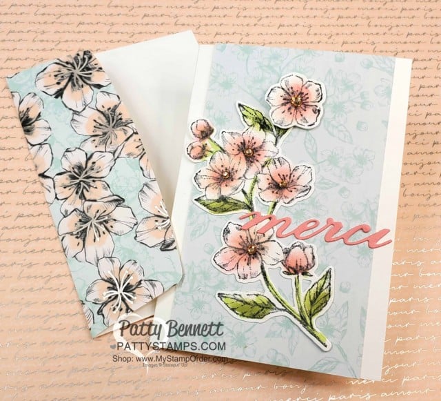 Scalloped Note Cards with Stampin Up Parisian Blossoms suite and Parisian merci die cut. Cherry Blossom flowers colored with Sponge Daubers! cards by Patty Bennett www.pattystamps.com