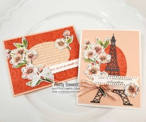 Handmade Cards with Stampin Up Parisian Blossoms suite and Parisian Eiffel Tower die cut. Cherry Blossom flowers colored with Sponge Daubers! cards by Patty Bennett www.pattystamps.com