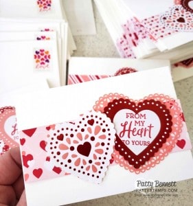 From My Heart designer paper from Stampin Up featuring foiled hearts perfect for punching with the Heart Punch Pack. Easy Valentine card idea by Patty Bennett www.PattyStamps.com