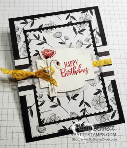 Golden Honey designer paper card idea featuring Stampin Up 2020 Sale-a-Bration free gift!! Peaceful Poppies elements flower die cut adds a pop of color. by Patty Bennett www.PattyStamps.com