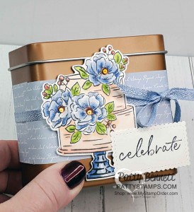 Stampin Up Sale-a-Bration 2020 free stamp set: Happy Birthday to You! Cake and flowers colored with Stampin' Blends markers by Patty Bennett. Copper Tin holds gift cards or any small gifts! www.PattyStamps.com