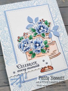 Happy Birthday to You Stampin Up Sale-a-Bration cake stamp set - colored with Stampin' Blends markers by Patty Bennett. Background: Breathtaking Bouquet set stamped in Seaside Spray.