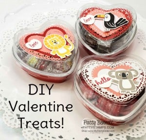 Heart Foil Tins from Stampin Up decorated with the Birthday Bonanza suite - lion, koala & toucan - DIY Valentine Treat ideas by Patty Bennett www.PattyStamps.com