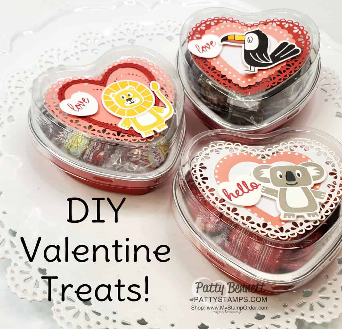 Heart Foil Tins from Stampin Up decorated with the Birthday Bonanza suite - lion, koala & toucan - DIY Valentine Treat ideas by Patty Bennett www.PattyStamps.com