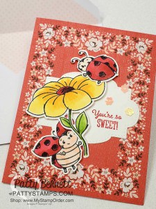 Limited time only: Little Ladybug stamp set (Sale-a-Bration 2020) and coordinating Ladybug dies! Stamped and colored with Stampin Blends markers and paired with Kerchief Card Kit printed card base, by Patty Bennett www.PattyStamps.com