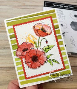 Painted Poppies stamp set from Stampin Up. Card idea featuring Stitched so Sweetly scalloped rectangle die and Peaceful Poppies DSP by Patty Bennett www.PattyStamps.com