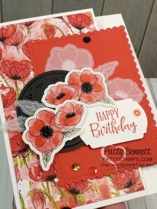 Birthday card idea featuring Stampin Up Peaceful Poppies Elements pack with printed die cut images, vellum, watercolor paper and black elements! by Patty Bennett www.PattyStamps.com