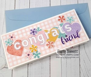 Stampin' UP! Pleased as Punch designer paper - limited time offer starting Feb. 4, 2020. Congrats card for Sam celebrating 1m in sales. Coordinates with Heart Punch Pack and Small Blooms punch. Outline alphabet & Seriously the Best stamp set. www.PattySTamps.com
