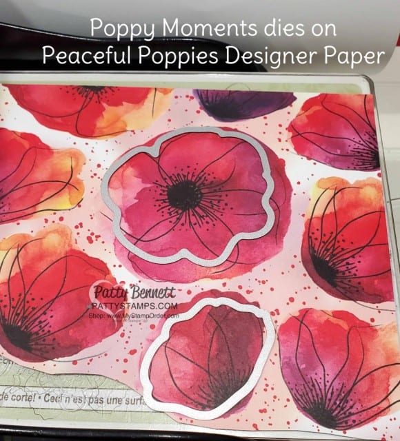 Die cut Poppies from the Peaceful Poppies designer paper. Peaceful Poppies / Poppy Moments dies flower card idea featuring Stampin' UP! Mini Catalog papercrafting products. Handmade card idea from Patty Bennett www.PattyStamps.com