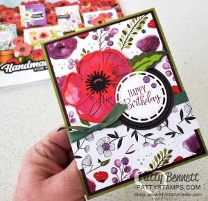 Stampin Up Golden Honey black and white designer paper (Sale-a-Bration gift) paired with Poppy Moments dies. Card by Patty Bennett www.PattySTamps.com