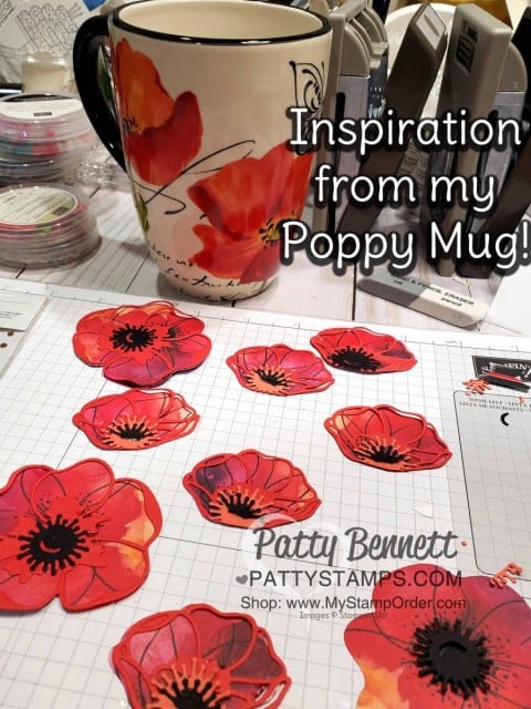 Die cut Poppies from the Peaceful Poppies designer paper. Peaceful Poppies / Poppy Moments dies flower card idea featuring Stampin' UP! Mini Catalog papercrafting products. Handmade card idea from Patty Bennett www.PattyStamps.com