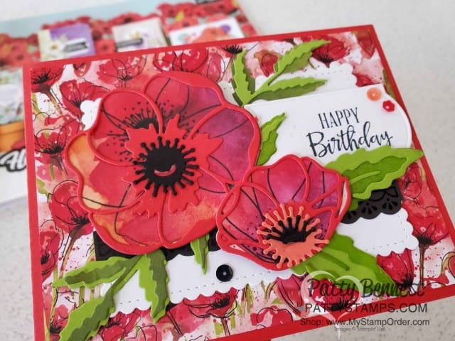 Peaceful Poppies / Poppy Moments dies flower card idea featuring Stampin' UP! Mini Catalog papercrafting products. Handmade birthday card idea from Patty Bennett www.PattyStamps.com