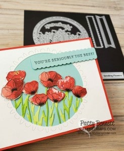 Sending Flowers Die Cut card idea featuring Peaceful Poppies designer paper, by Patty Bennett www.PattyStamps.com