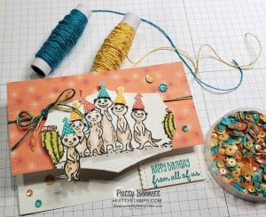 Stampin Up Sale-a-Bration The Gang's All Meer stamp set colored with Stampin' Blends. Metallic Baker's Twine & Sequins - another Sale-a-Bration gift! by Patty Bennett www.PattyStamps.com