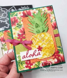 Tropical Oasis Pineapple card idea featuring Stampin Up Timeless Tropical bundle and Coastal Weave embossing folder by Patty Bennett www.PattyStamps.com