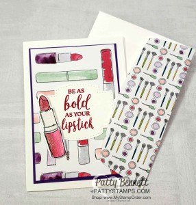 Best Dressed Designer Paper Note Card featuring Dressed to Impress stamp set and die bundle. Purses, shoes, lipstick, perfume and flowers.. how perfect for a Mother's Day Gift! www.PattyStamps.com