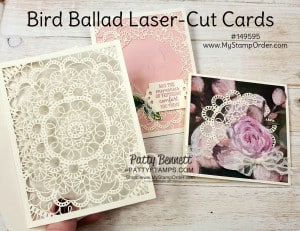 Laser-cut card from Stampin Up featuring magnolia embossing folder and Perennial Essence designer paper, by Patty Bennett www.PattyStamps.com