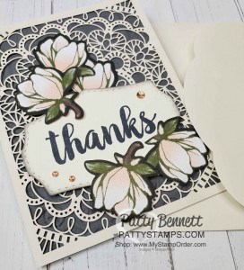 Laser-cut card from Stampin Up featuring die cut magnolia flowers from Magnolia Lane designer paper, by Patty Bennett www.PattyStamps.com