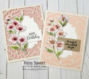 Laser-cut card from Stampin Up featuring Forever Blossoms bundle with cherry blossom flowers colored with sponge daubers, by Patty Bennett www.PattyStamps.com