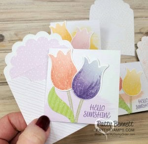 Stampin Up limited time offer Pleased as Punch designer paper pack, 3x3 Best Dressed mini cards with Tulip Builder punch!! by Patty Bennett www.PattyStamps.com