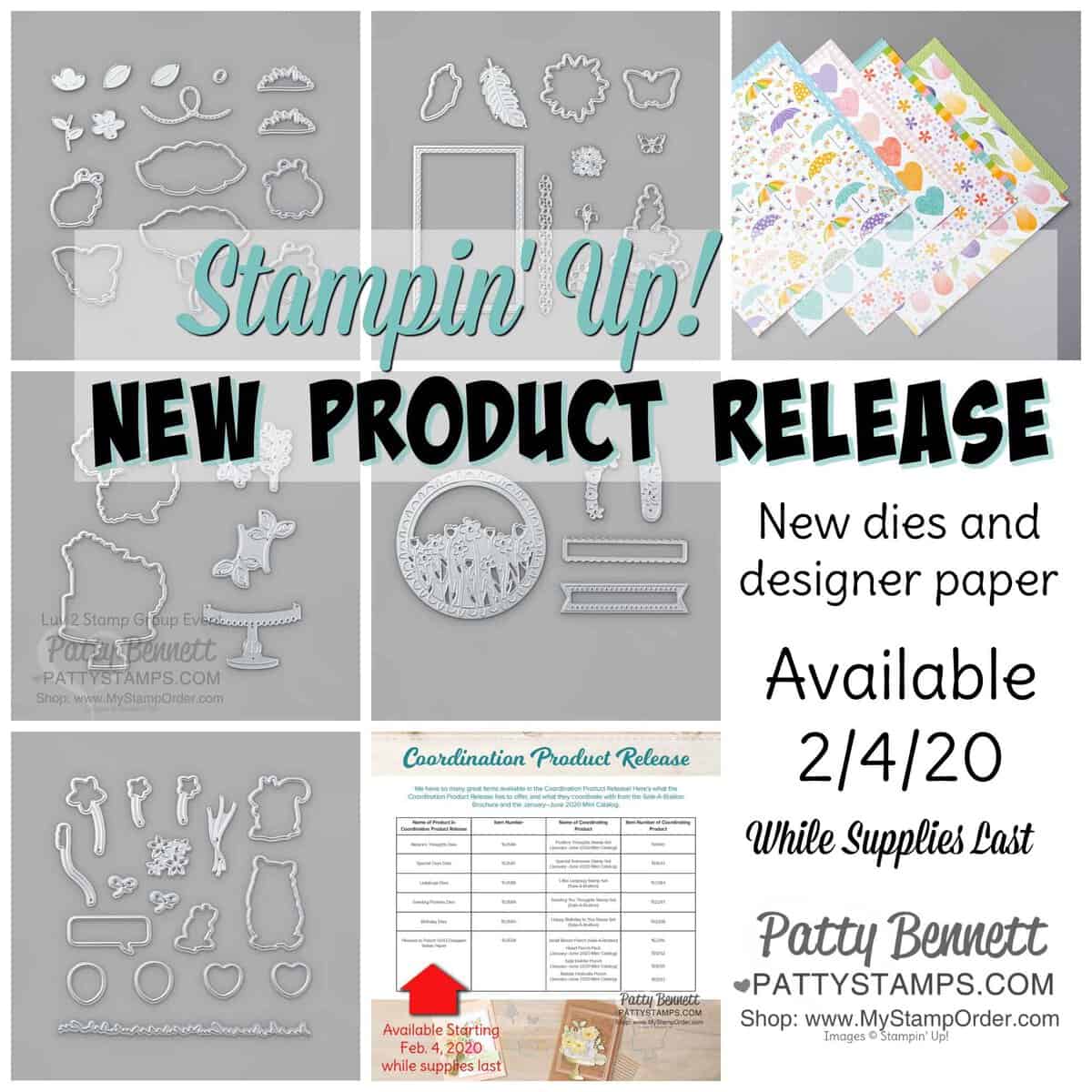 New Stampin' UP! Product Release, Feb. 2020, while supplies last. Dies and Designer paper coordinate with Stampin' UP! stamp sets and punches. www.PattyStamps.com