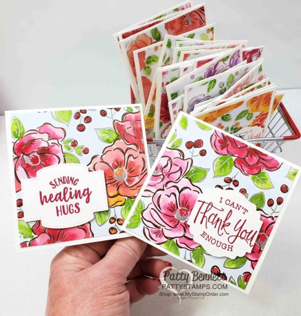 Flowering Foils designer paper card ideas, featuring watercoloring technique with Stampin Up ink refills. by Patty Bennett www.PattyStamps.com
