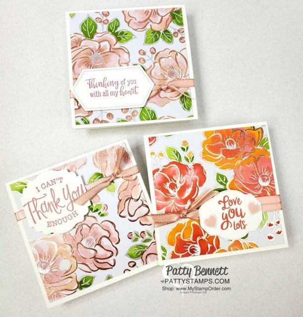 Flowering Foils designer paper card ideas, featuring watercoloring technique with Stampin Up ink refills. by Patty Bennett www.PattyStamps.com