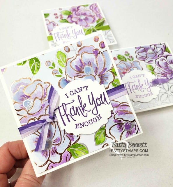 Flowering Foils designer paper card ideas, featuring watercoloring technique with Stampin Up ink refills. by Patty Bennett www.PattyStamps.com