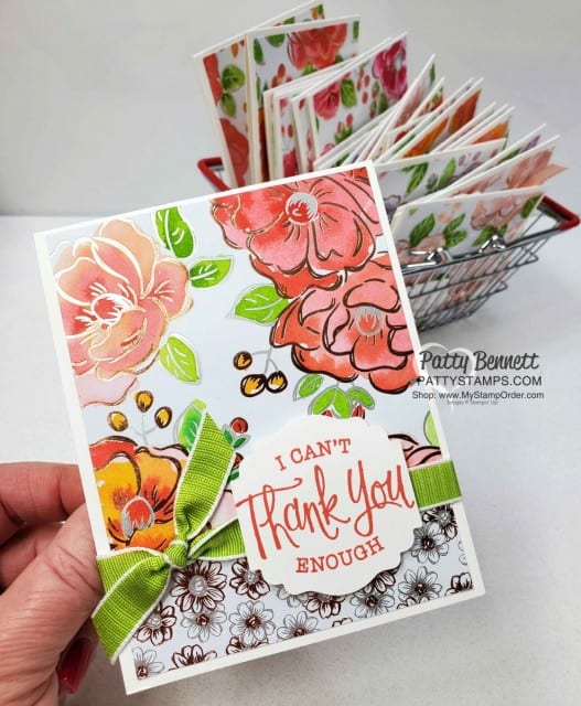 Flowering Foils designer paper card ideas, featuring watercoloring technique with Stampin Up ink refills. by Patty Bennett www.PattyStamps.com