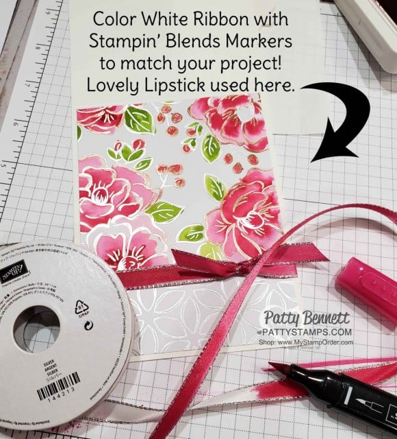 Custom colored white ribbon with Stampin' Blends for my Flowering Foils designer paper cards, featuring watercoloring technique with Stampin Up ink refills. by Patty Bennett www.PattyStamps.com