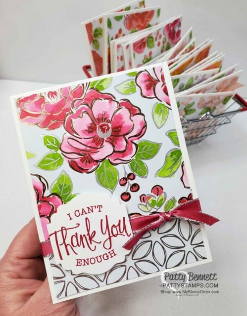 Flowering Foils designer paper card ideas, featuring watercoloring technique with Stampin Up ink refills. by Patty Bennett www.PattyStamps.com