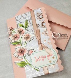 Scalloped Note Card featuring Stampin Up Flowering Foils Sale-a-Bration designer paper and Forever Blossoms cherry blossom stamp. Tags in Bloom greeting punched with Label me Fancy punch. www.PattyStamps.com