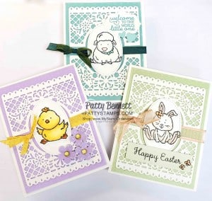Welcome Easter stamp set card ideas featuring the Jubilee Beauty dies and So Very Vellum Sale-a-Bration gift from Stampin' Up!. www.pattystamps.com