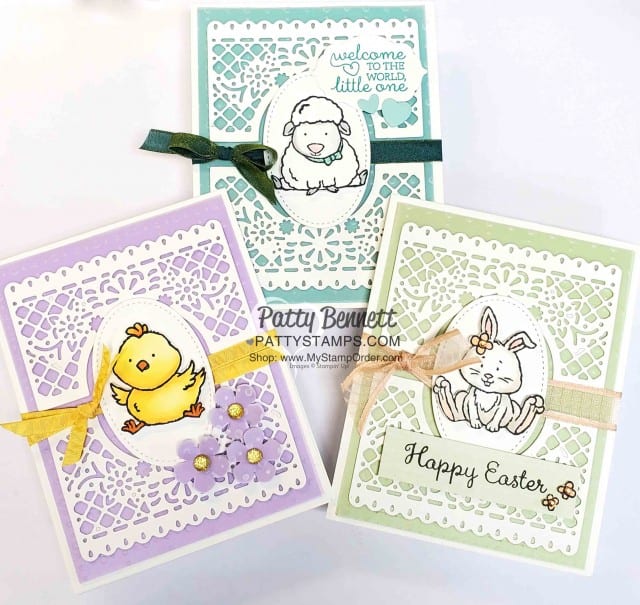 Welcome Easter stamp set card ideas featuring the Jubilee Beauty dies and So Very Vellum Sale-a-Bration gift from Stampin' Up!. www.pattystamps.com